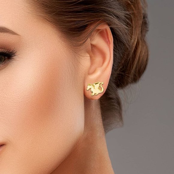 14K Solid Yellow Solid Gold Small Dragon Stud Earrings